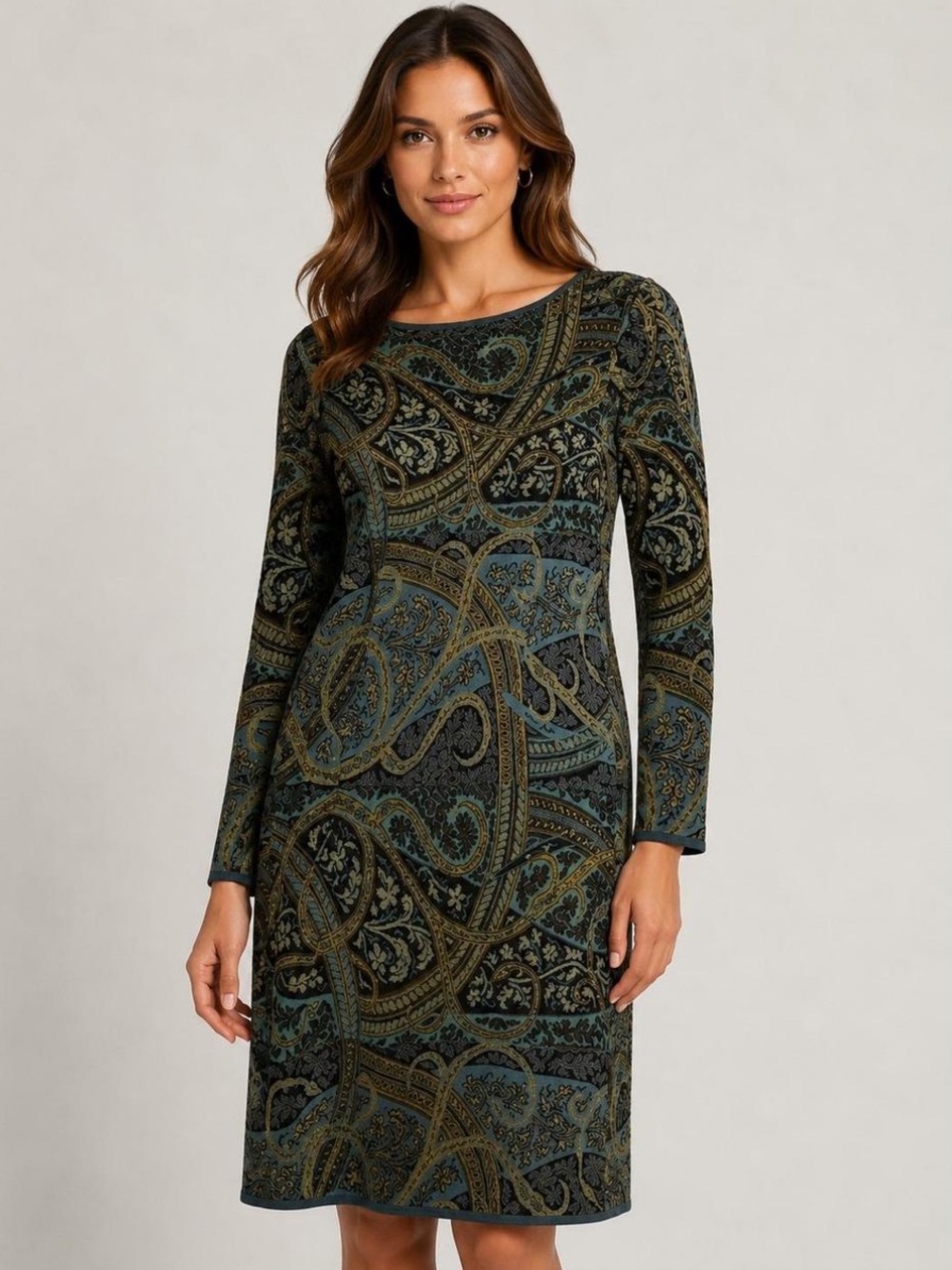 Peruvian Connection Kashmiri Dress Blue Paisley Jacquard Pencil Dress Size S